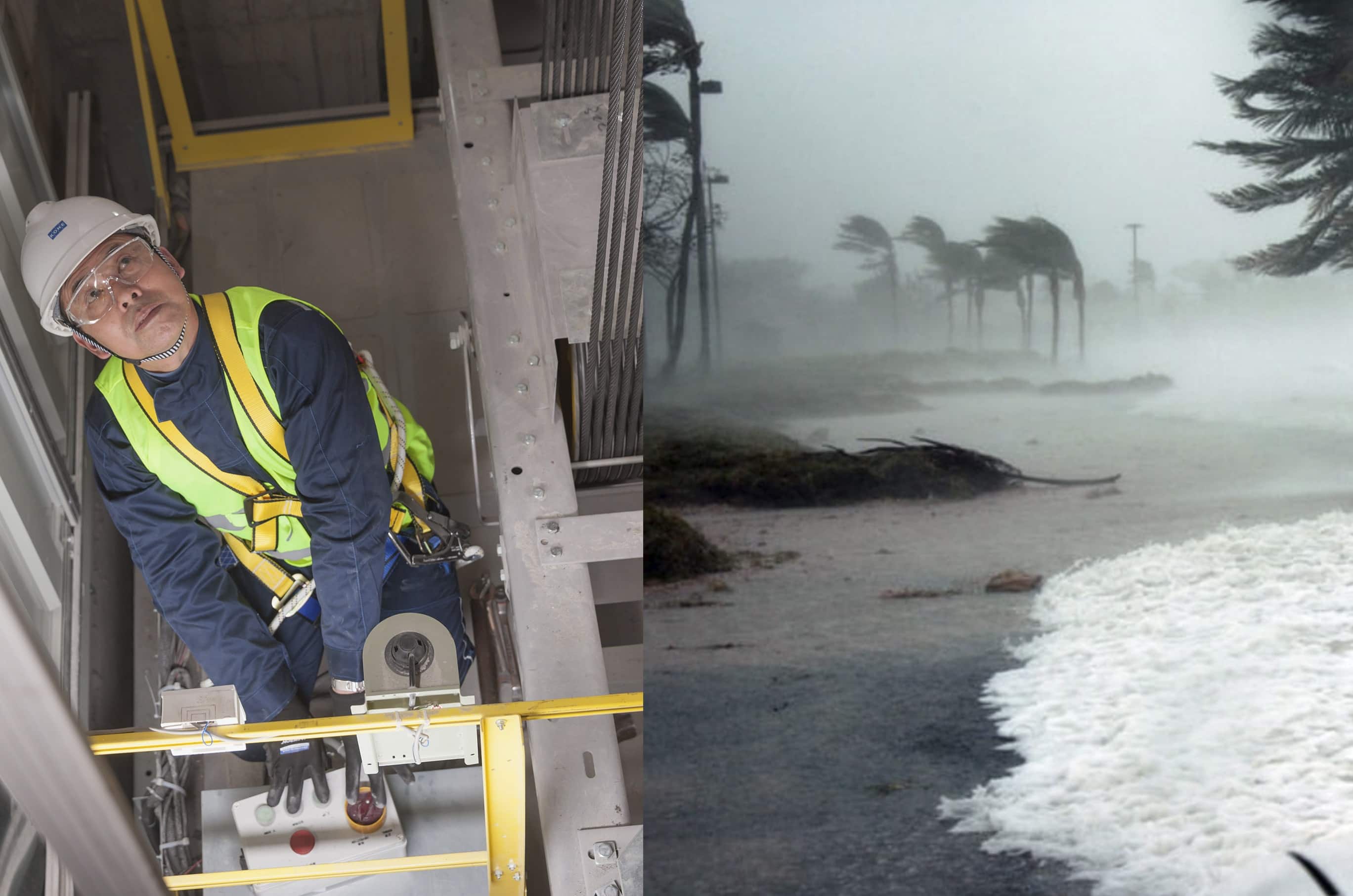 Técnico instalando elevador / lluvia tropical - KONE, prevención en caso de huracán